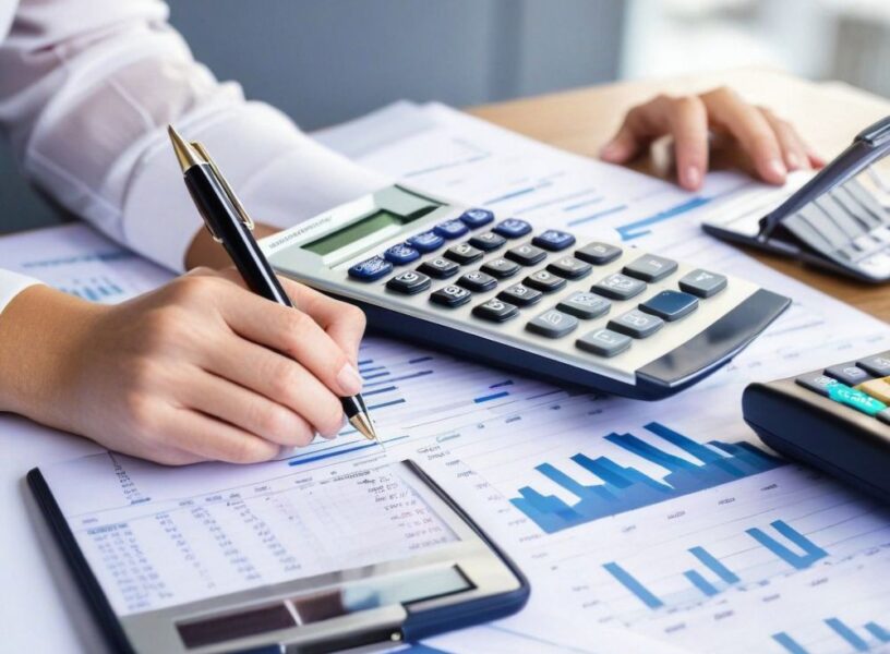 Business finance man calculating budget numbers, invoices and financial adviser working.