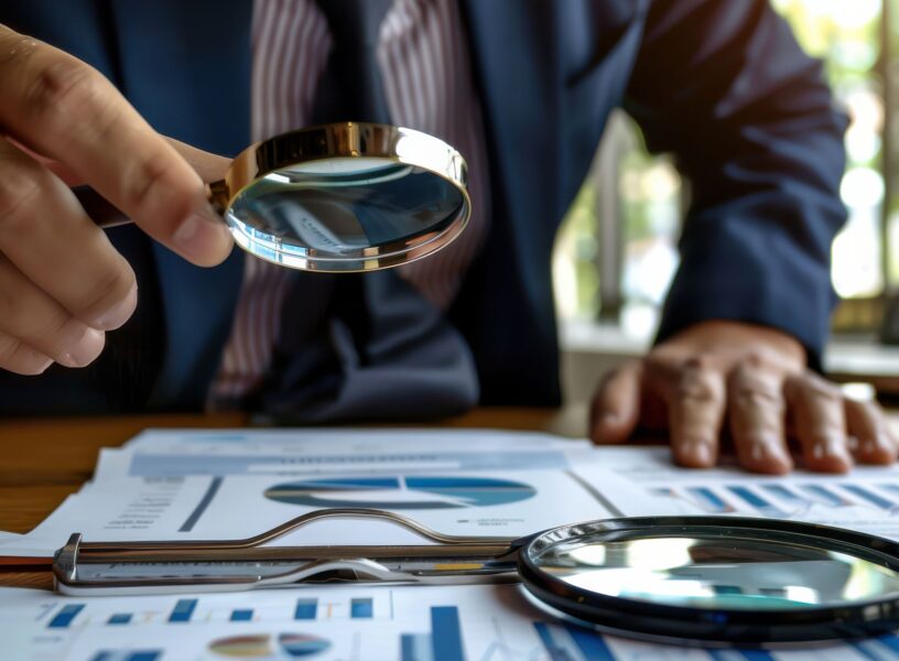 A business analyst carefully reviews detailed reports and charts using a magnifying glass for closer inspection. The setting features an office environment with natural light highlighting the professional workspace and documents spread across the table.
